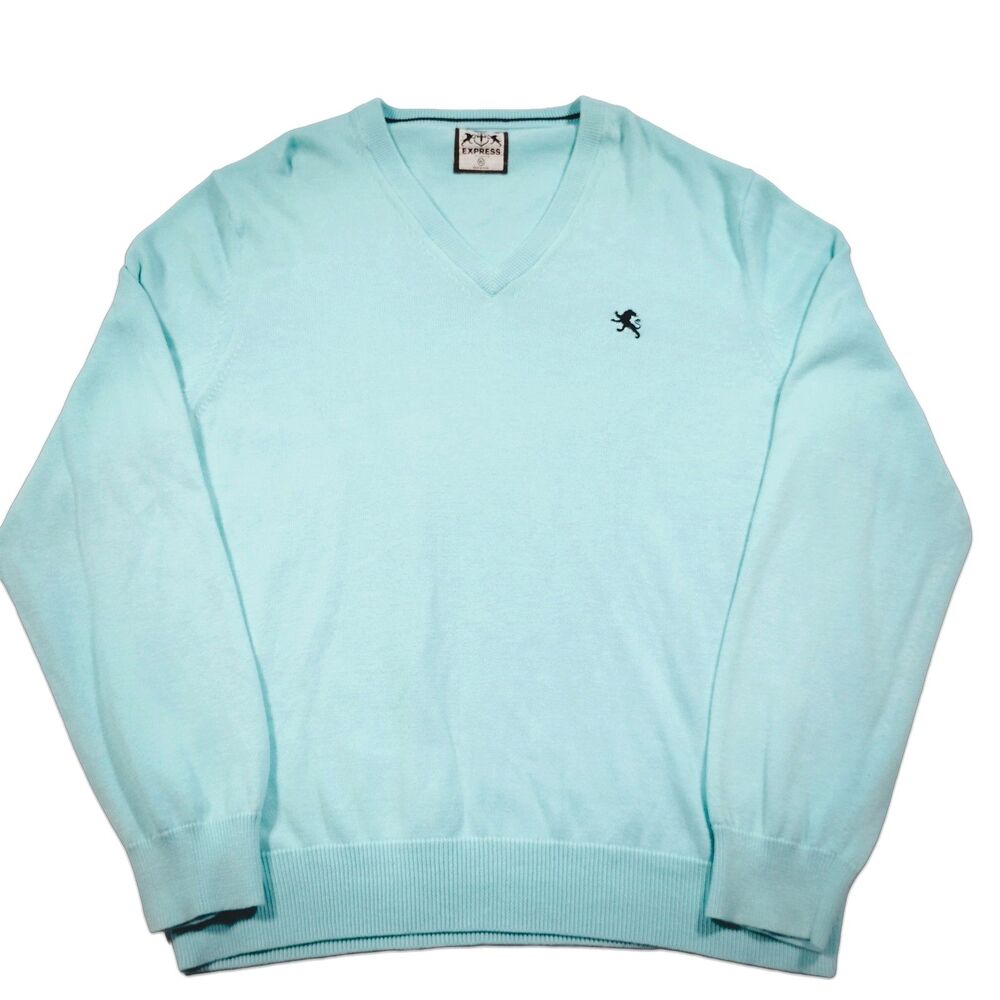 Express Men's Light Blue V Neck Sweater 100% Cotton Lightweight L Preppy Coastal